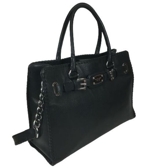 Michael Kors Hamilton Est. 1981 Black Leather Shoulder Satchel Tote Bag Purse - Picture 2 of 16